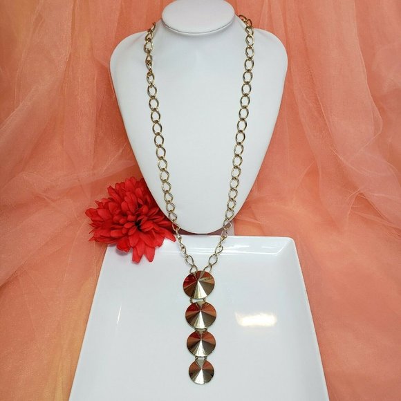 Vintage Signed Hobe Gold tone Pendant Necklace 30" Long Chain Cone Pendant - Picture 2 of 12